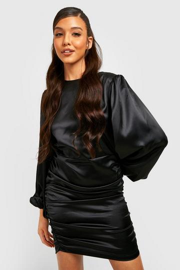 Black Satin Blouson Sleeve Ruched Mini Dress