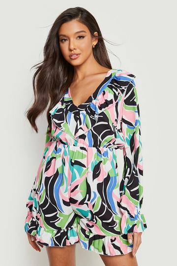 Black Abstract Frill Detail Woven Romper