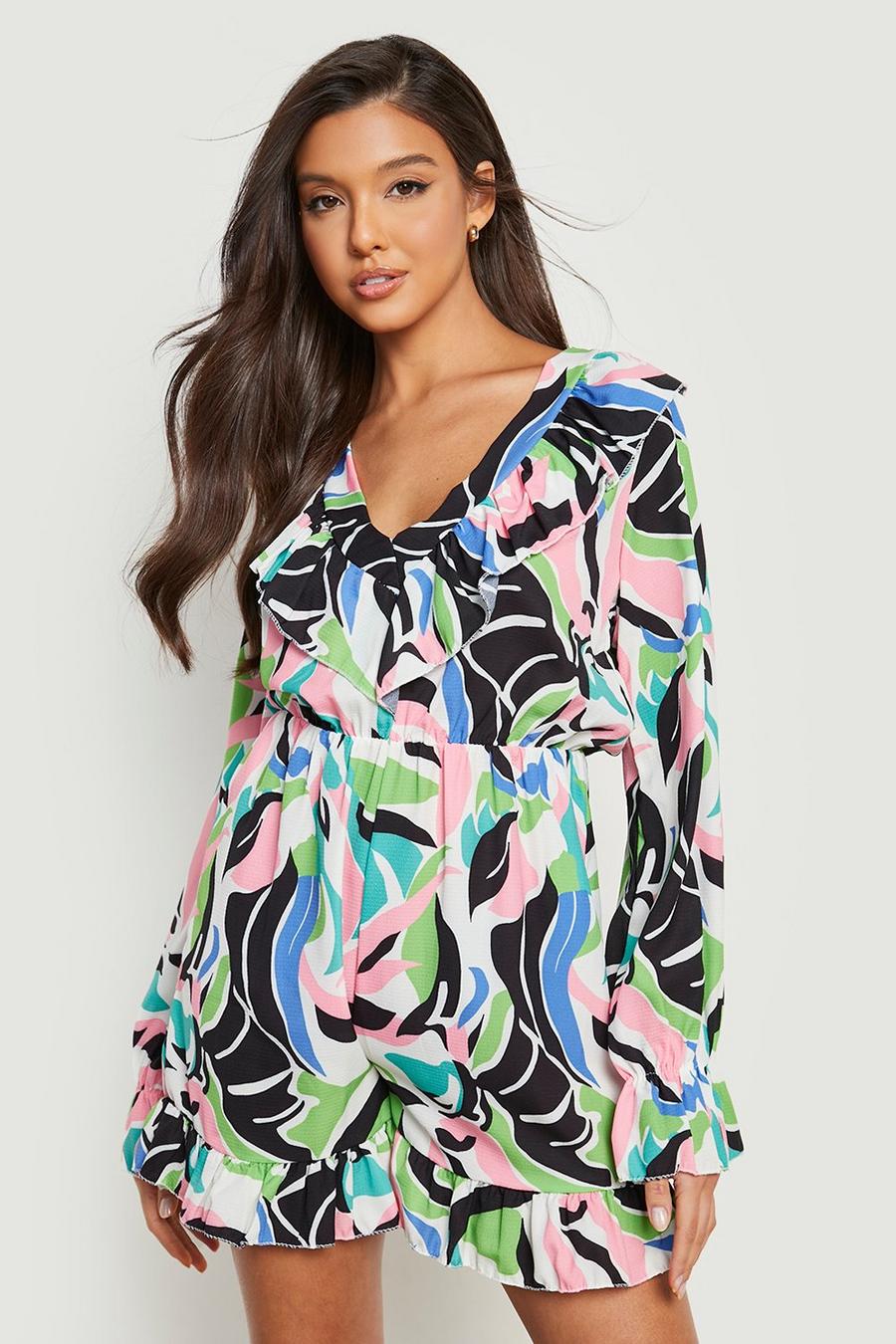 Black Abstract Frill Detail Woven Romper