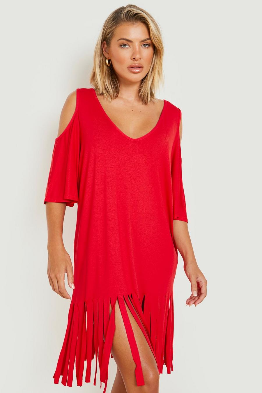 Red Cold Shoulder Cut Out Tassel Beach Dress image number 1