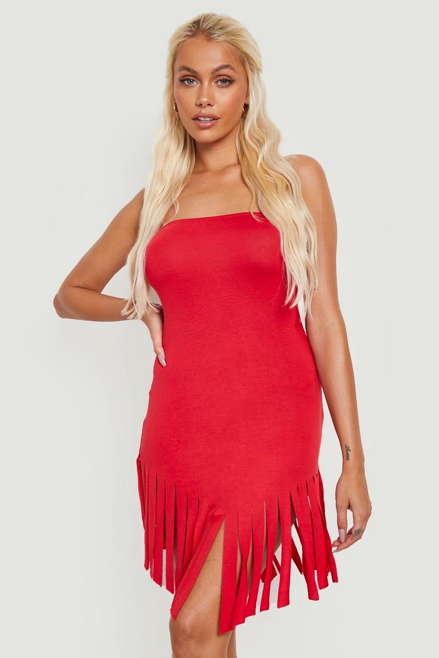 Red Bandeau Asymmetric Tassel Beach Dress image number 1