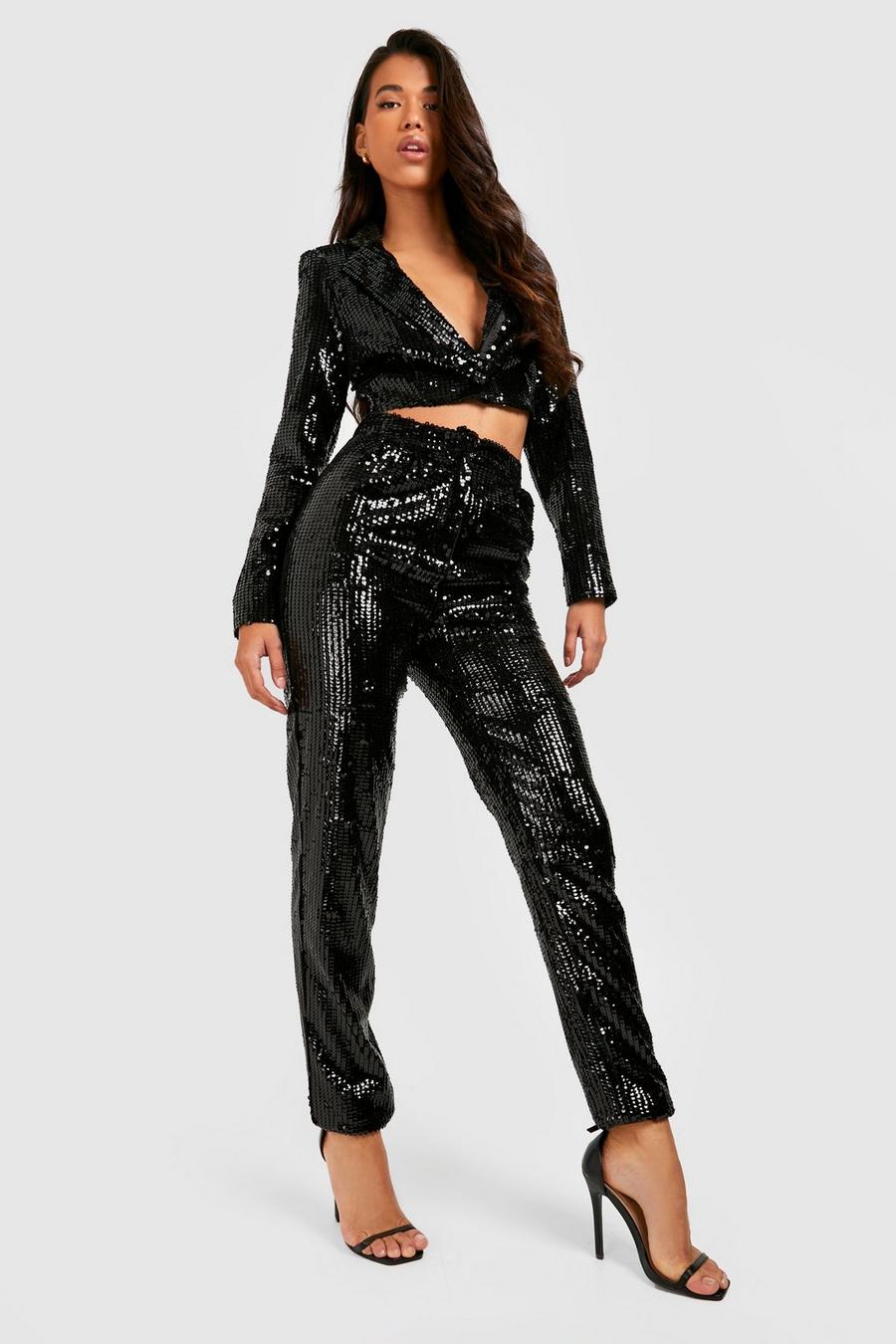 Black Tall Sequin High Waist Pants image number 1