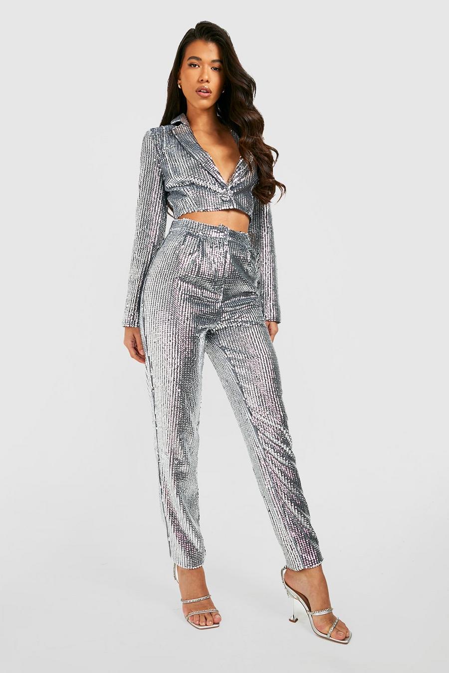 Pewter Tall Sequin High Waist paul Trousers