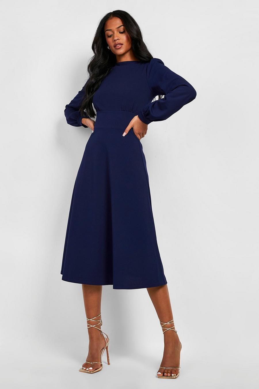 Navy Tall Balloon Sleeve Skater Midi Dress image number 1