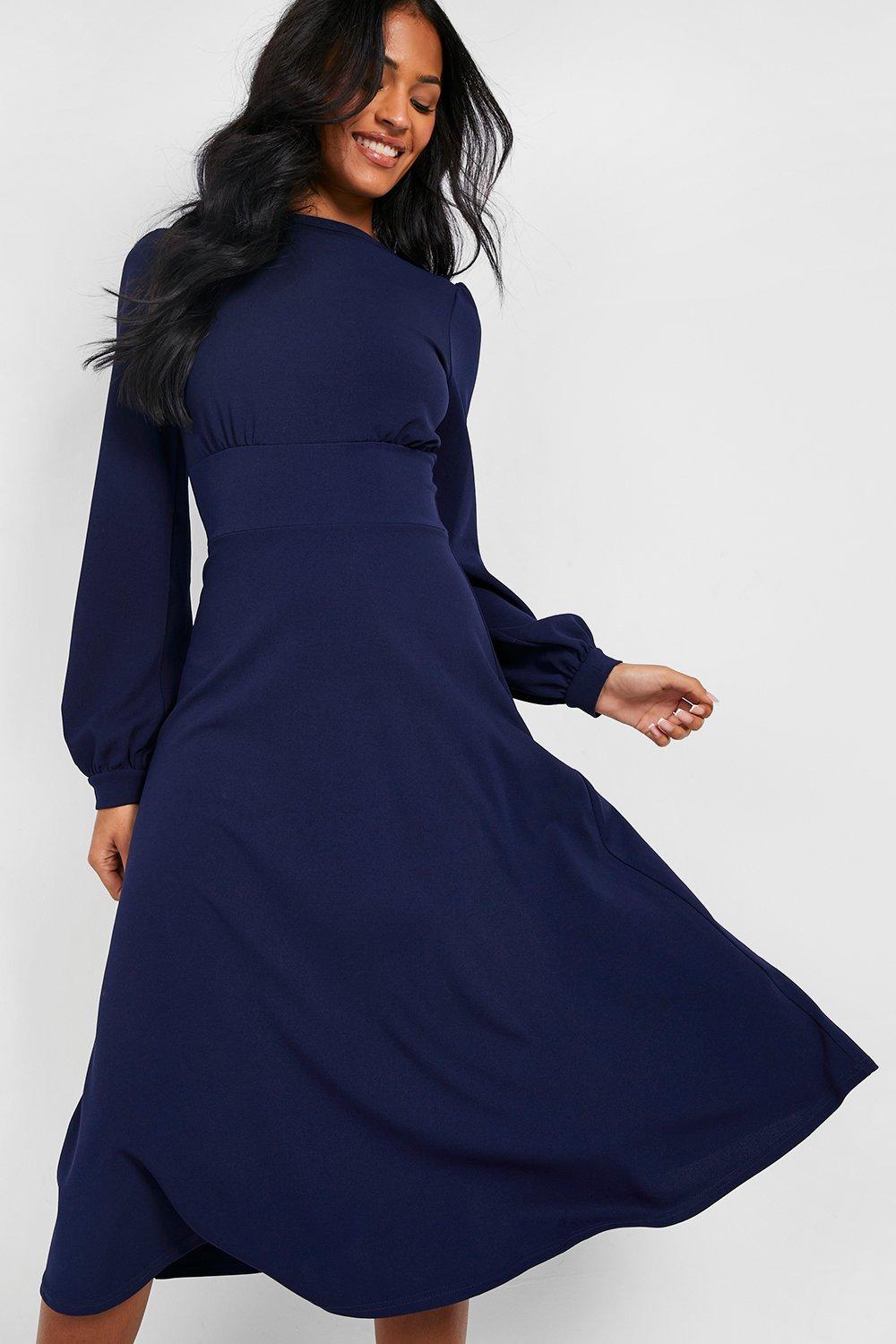 Navy long store sleeve skater dress