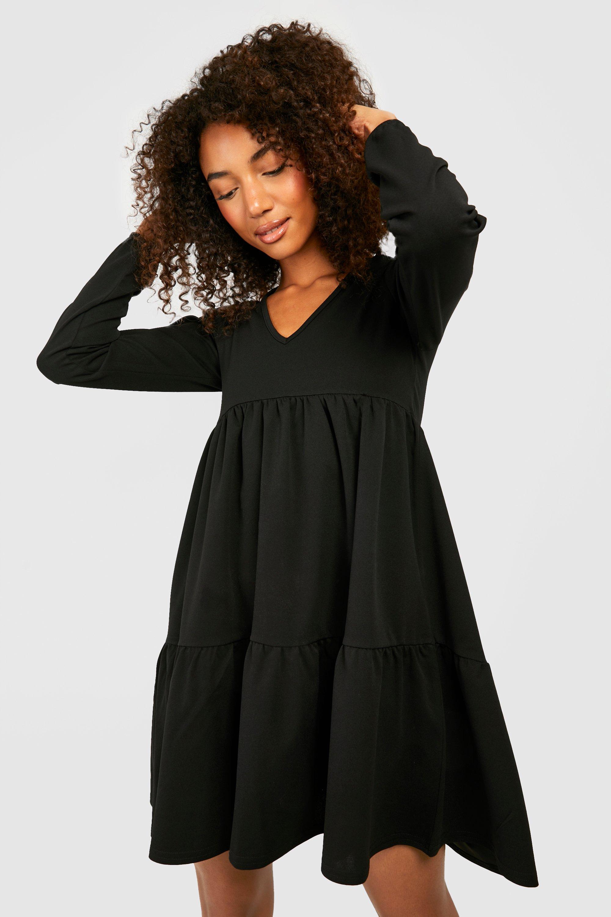 Tall V neck Long Sleeve Tiered Smock Dress boohoo