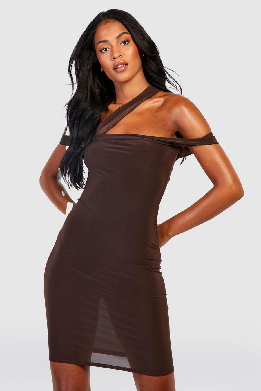 Chocolate brown Tall Asymmetric Strap Bodycon Mini Dress