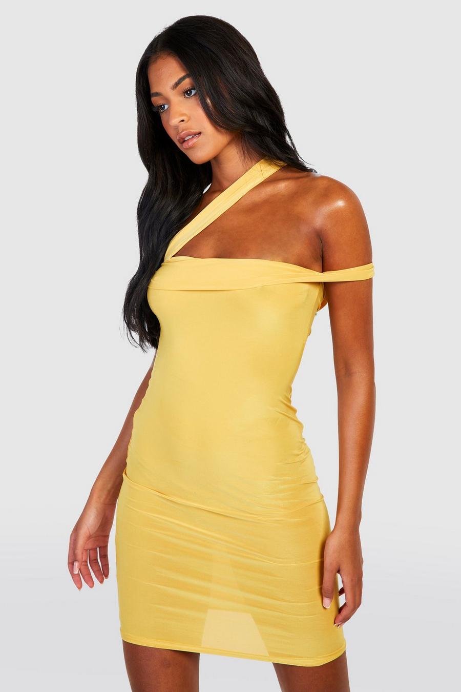 Yellow Tall Asymmetric Strap Bodycon Mini Dress image number 1