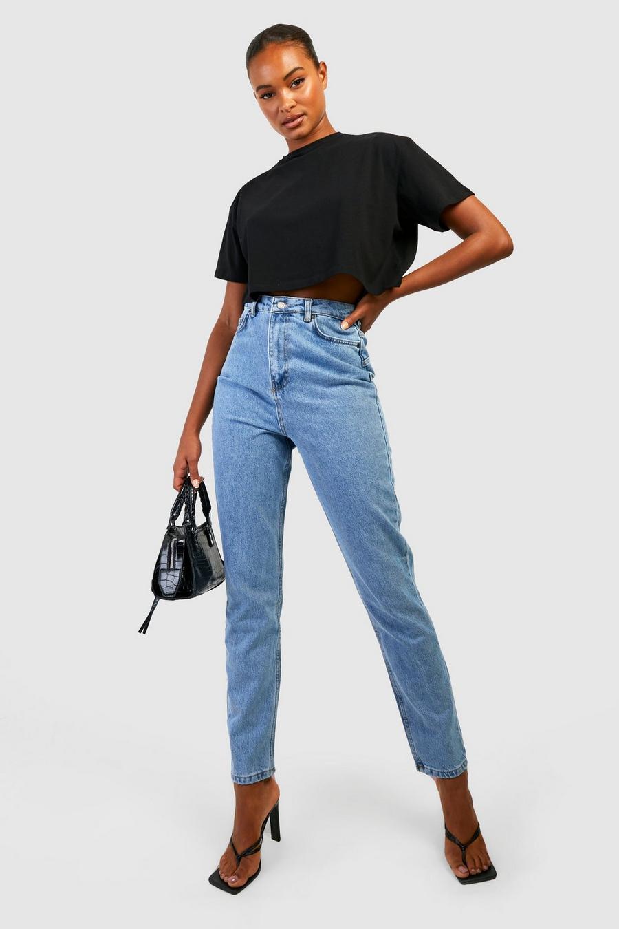 Tall Butt-Shaper Mom-Jeans mit hohem Bund, Mid wash image number 1