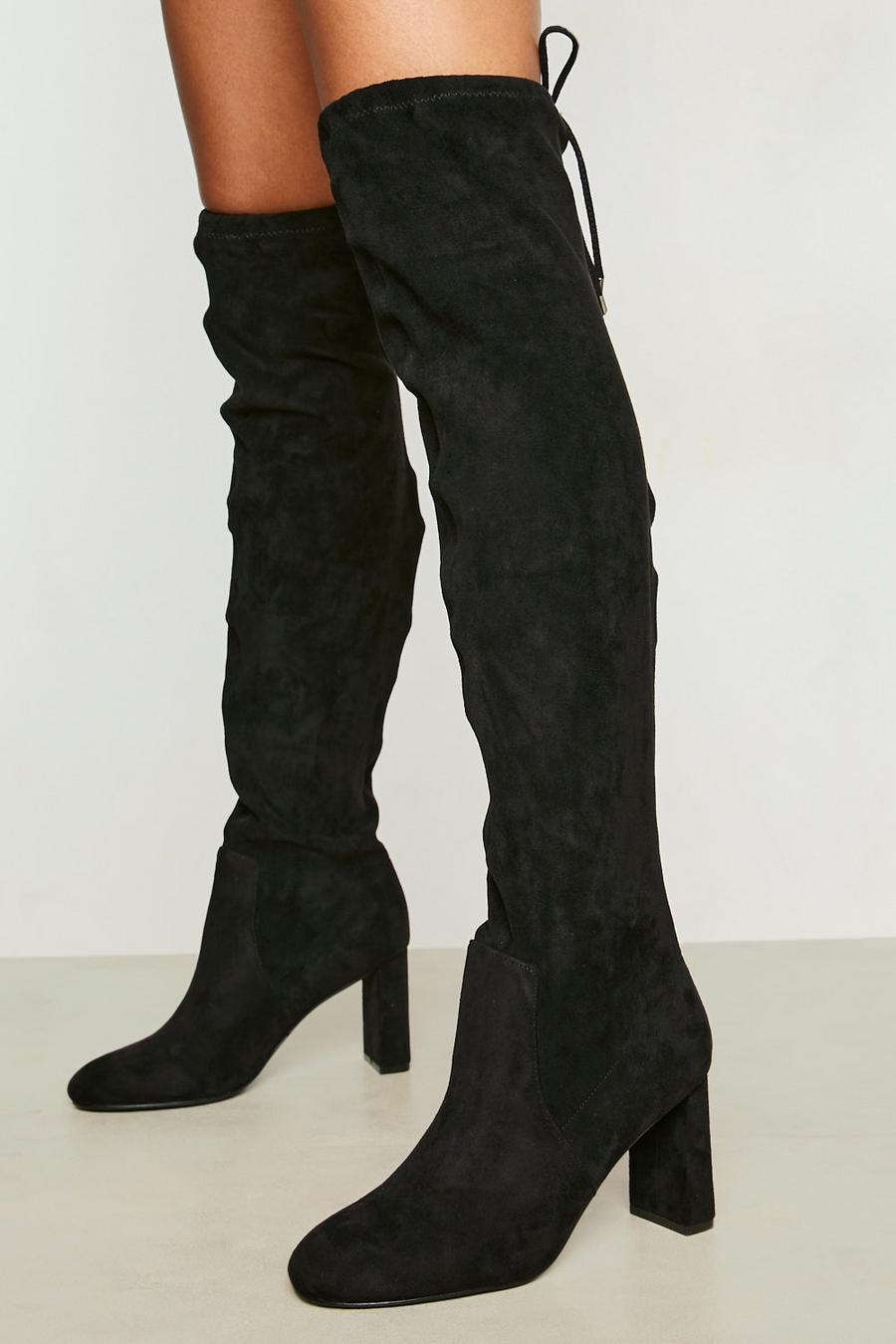 Black Flat Heel Round Over The Knee Stretch Boots image number 1