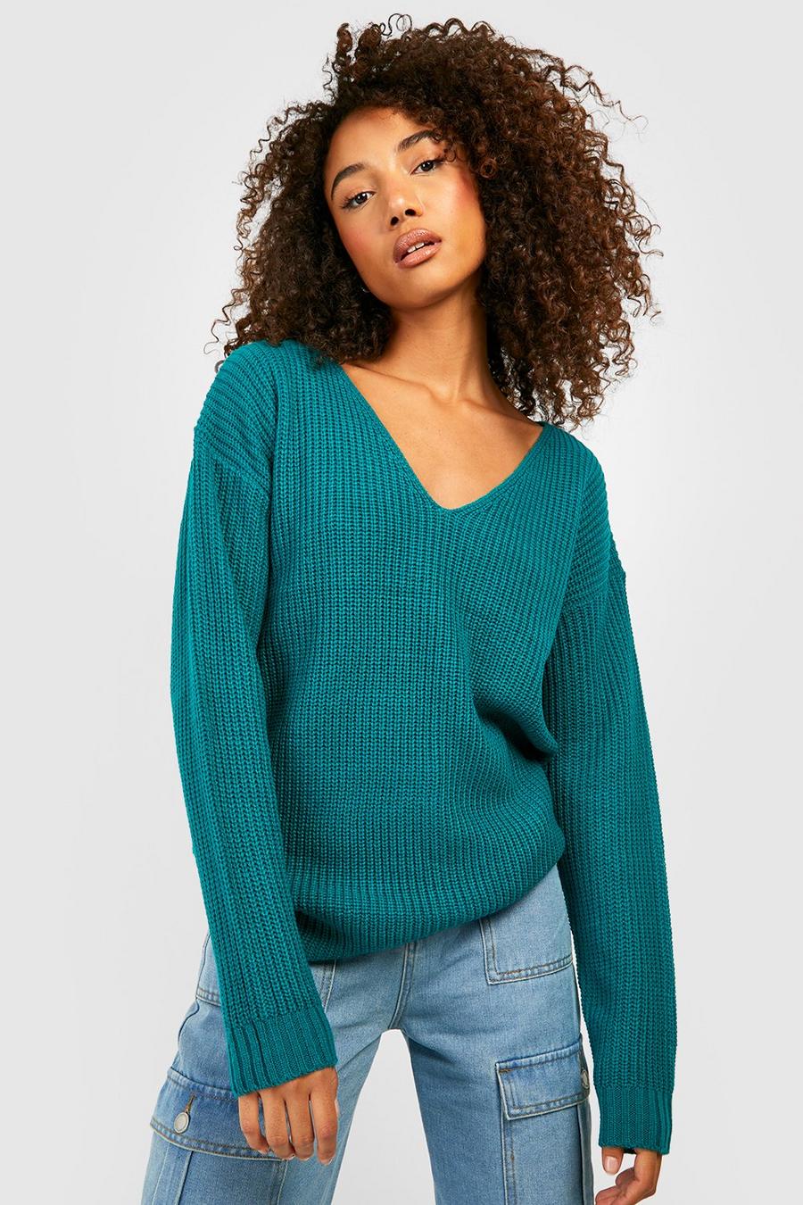 Teal Tall V Neck Sweater image number 1
