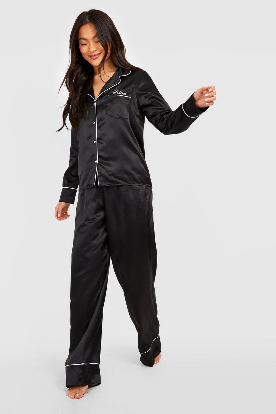 Black svart Pisces Star Sign Satin Button Up Pyjama Trouser Set 