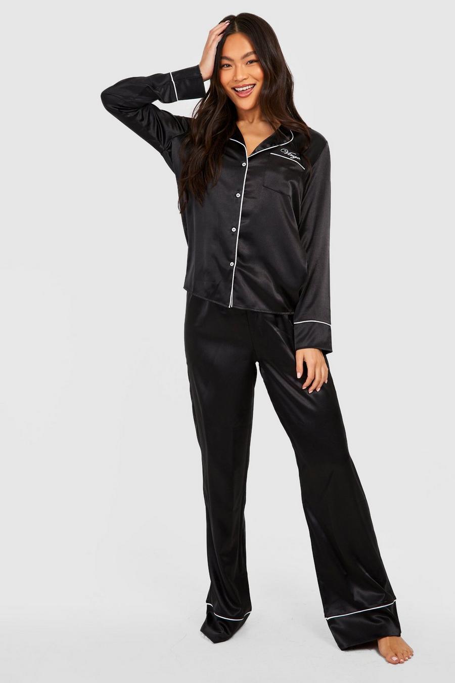 Black Virgo Star Sign Satin Button Up Pyjama Trouser Set  image number 1