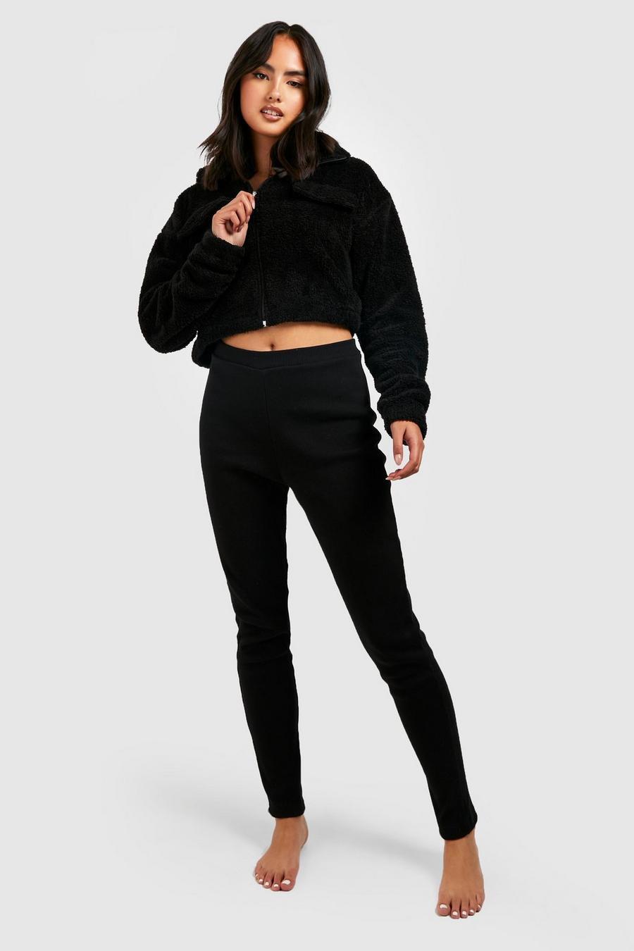Black Cropped Pocket Detail Fleece Sweater & Legging image number 1