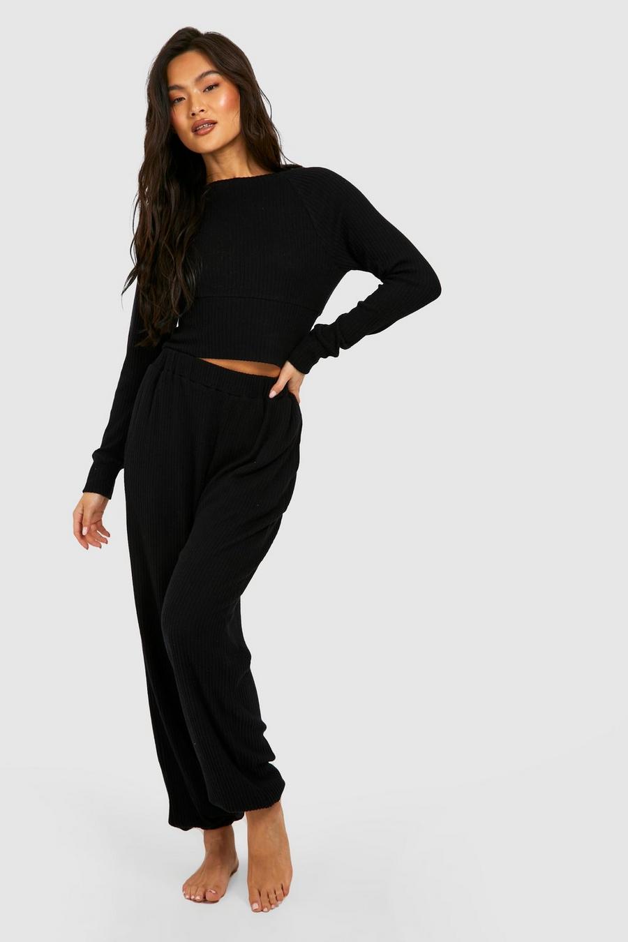Black Ribbed Long Sleeve & Trouser Loungewear Set image number 1