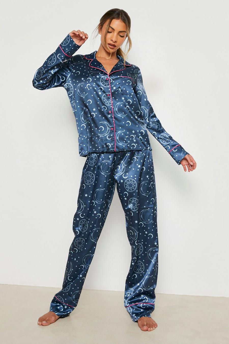 Navy Star Sign Satin Pyjama Pants Set image number 1