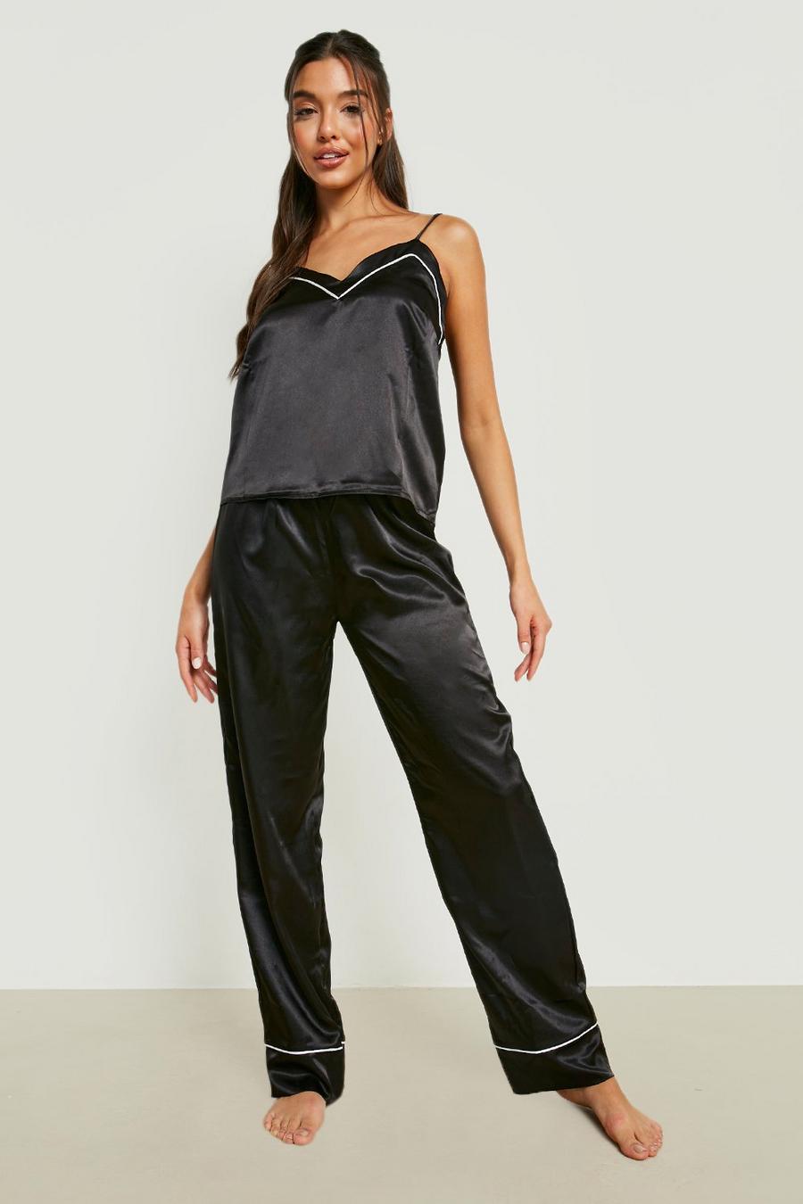 Black Satin Cami Pajama Pants Set With Contrast Pipe image number 1