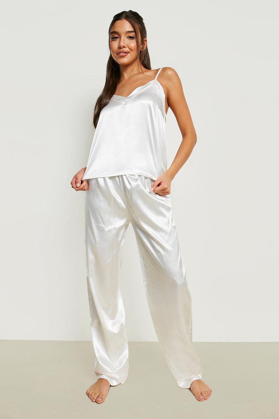 Ivory Satin Cami Pyjama Pants Set With Contrast Pipe image number 1