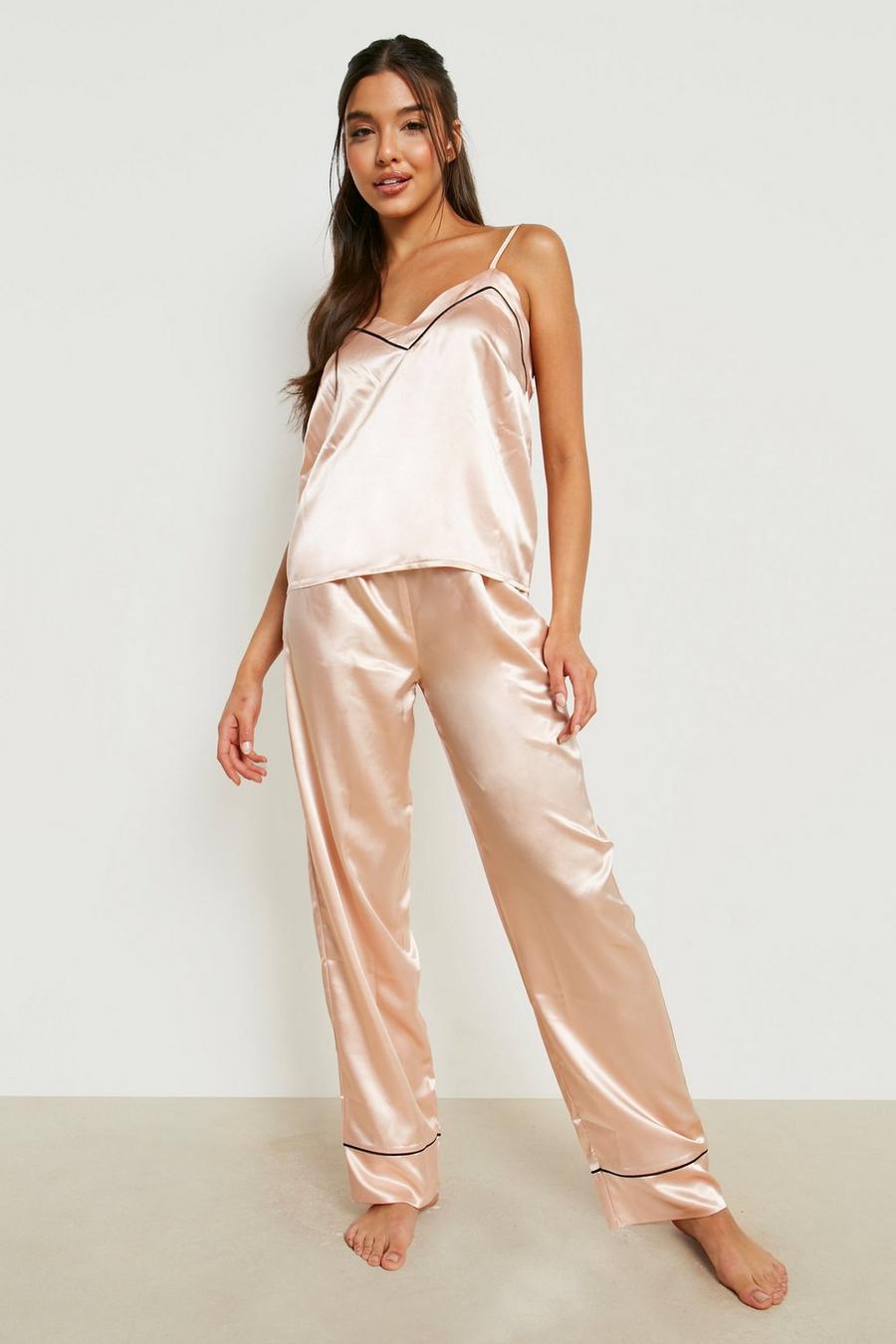 Rose gold métallique Satin Cami Pyjama Trouser Set With Contrast Pipe