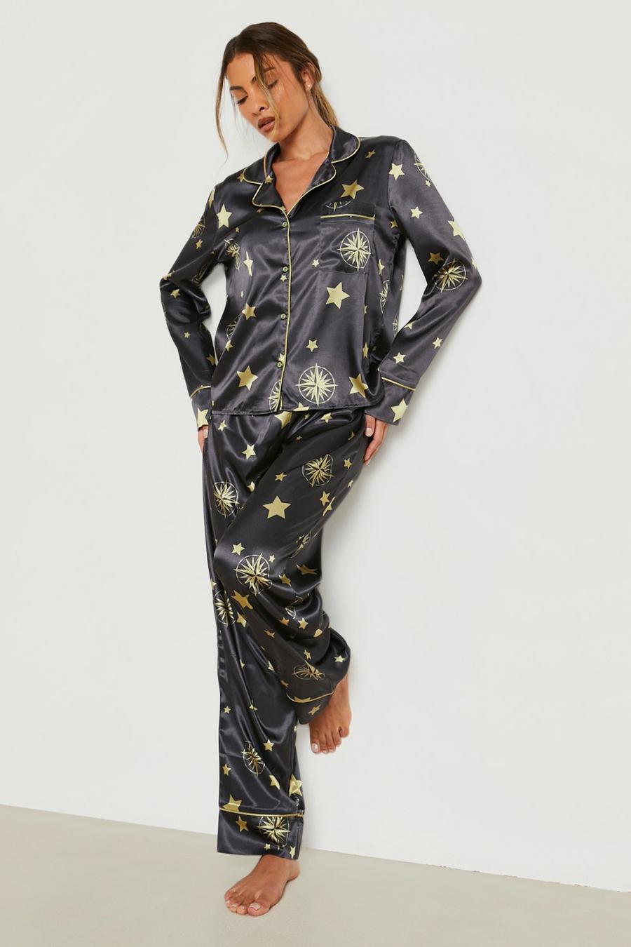 Satin Pyjama-Set mit Print, Black image number 1