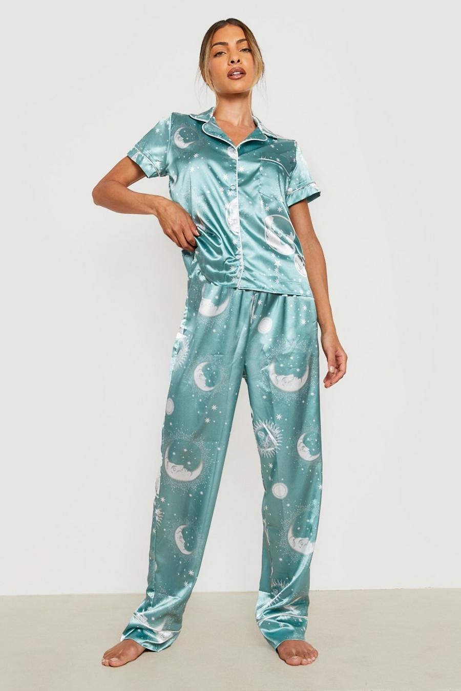 Sage Celestial Print Satin Pajama Pants Set image number 1