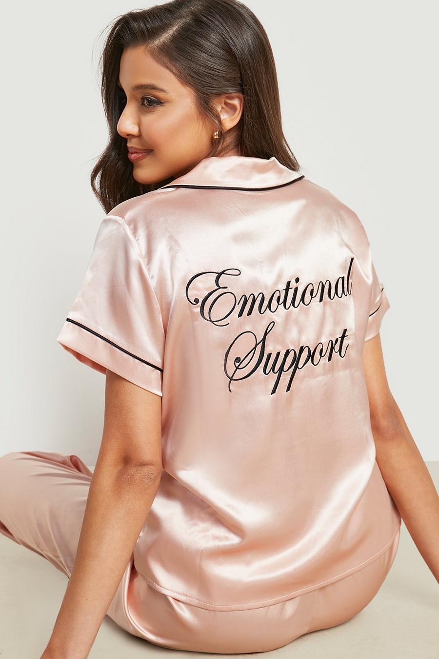 Pijama de pantalón largo de raso con estampado Emotional Support, Rose gold