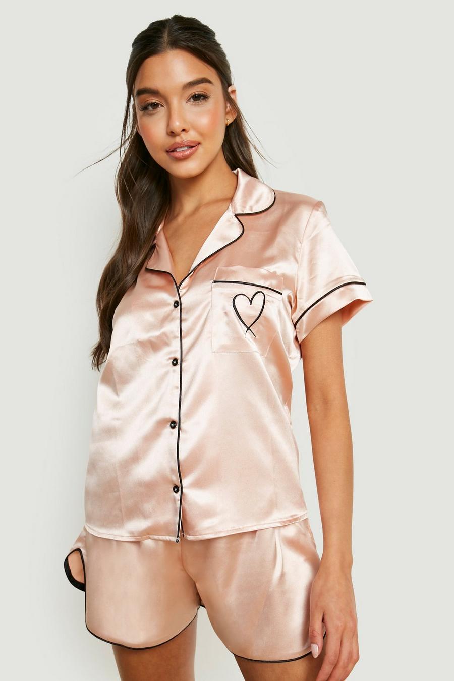 Blush Heart Embroidery Satin Pajama Short Set image number 1