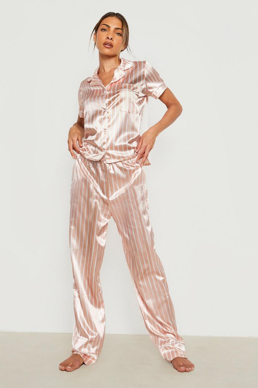 Rose gold metallic Tonal Candy Stripe Satin Pyjama Trouser Set image number 1