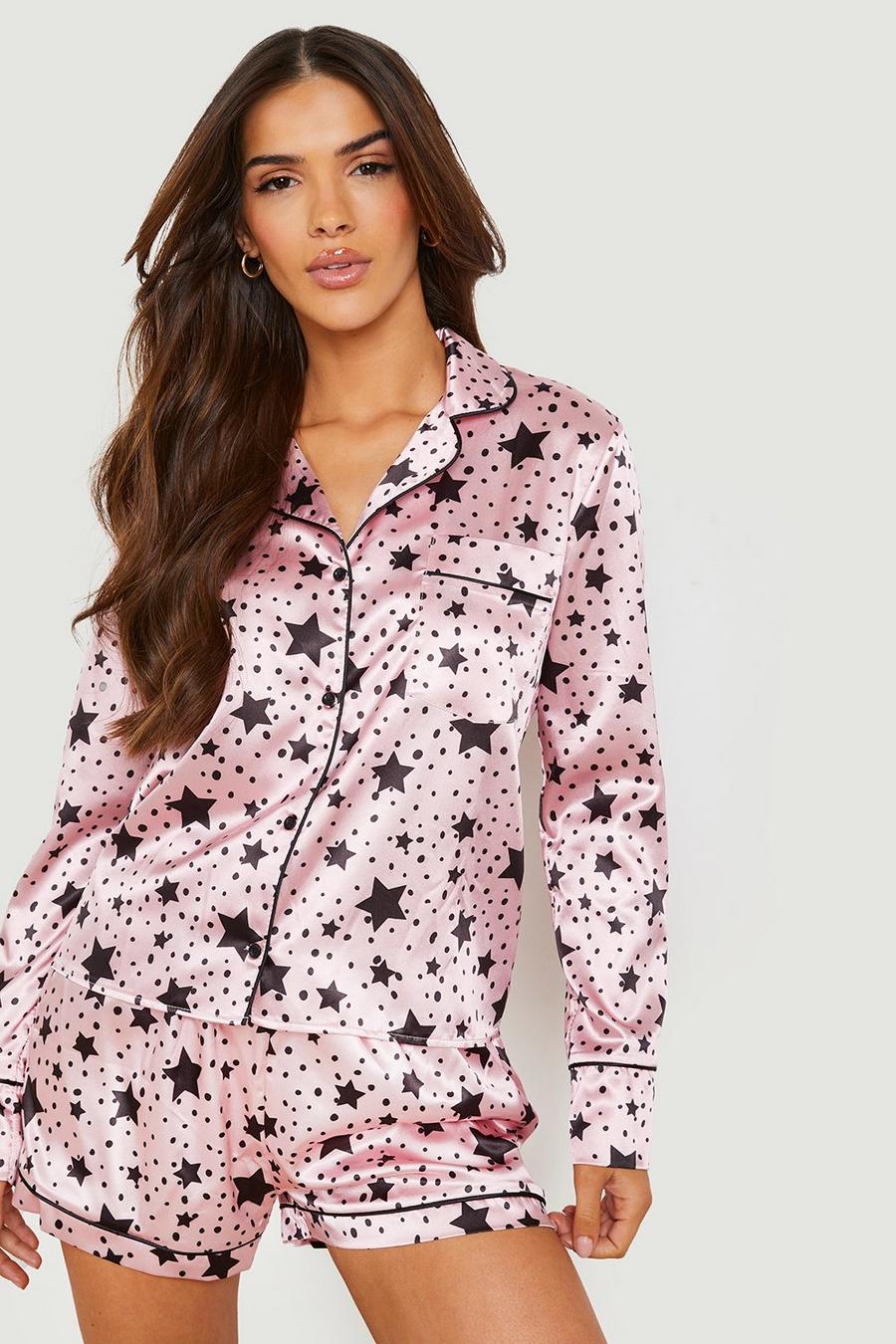 Pink Star Print Satin Pajama Short Set image number 1