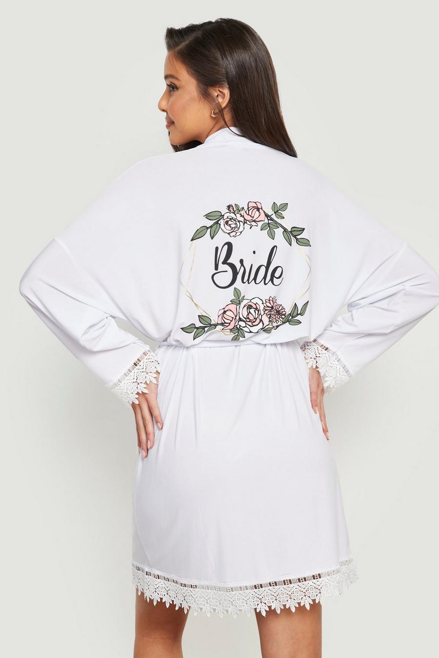 White Bride Foil Floral Print Lace Trim Robe