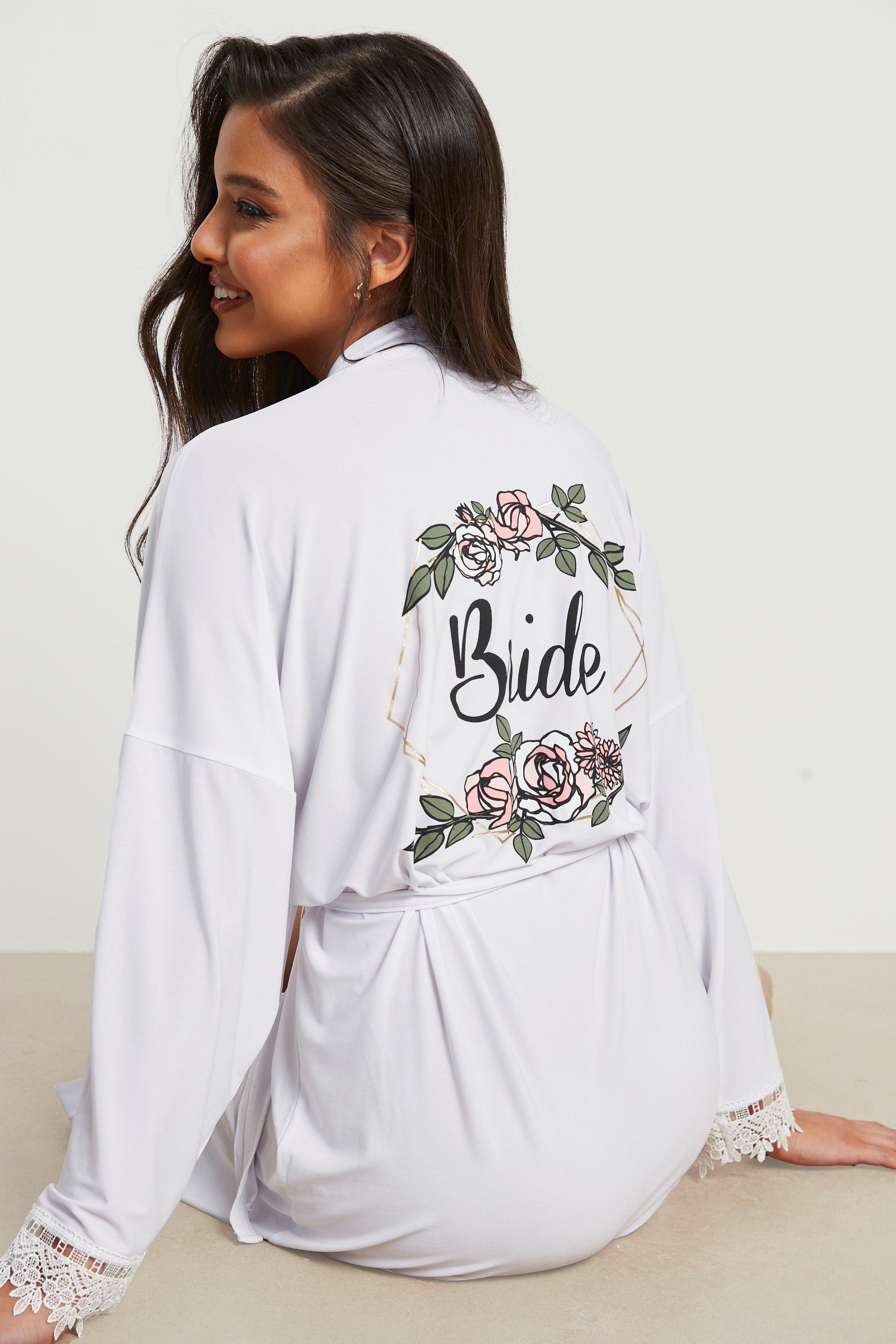 Bride Foil Floral Print Lace Trim Robe boohoo