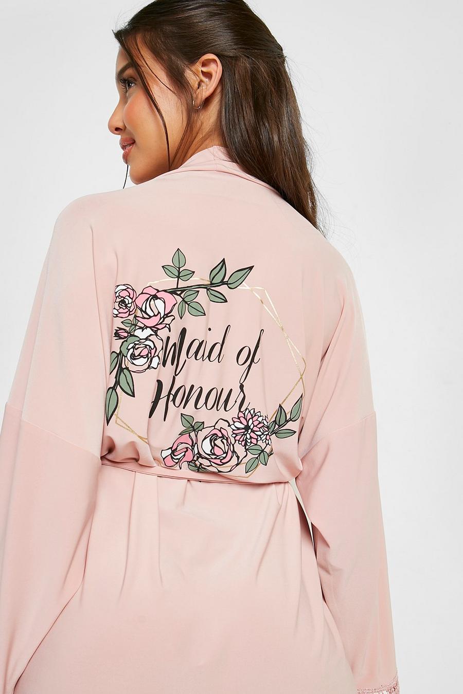 Blush pink Maid Of Honor Foil Floral Lace Trim Robe