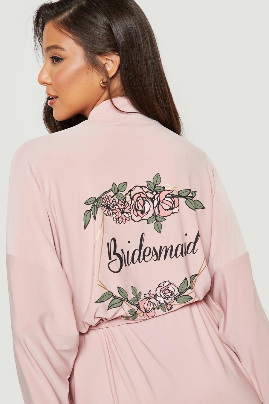 Vestaglia con scritta Bridesmaid laminata, stampa a fiori e finiture in pizzo, Blush rosa