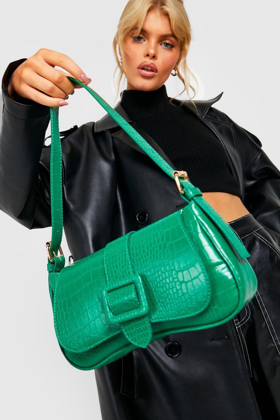 Green grön Handväska med krokodilskinnseffekt och spänne