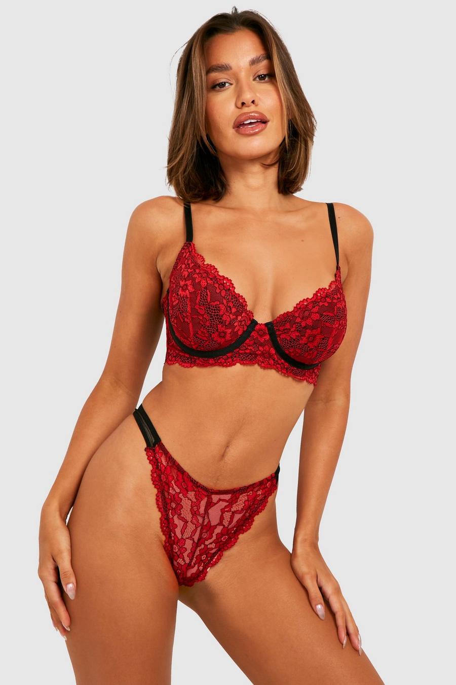 Red Contrast Floral Lace Thong image number 1