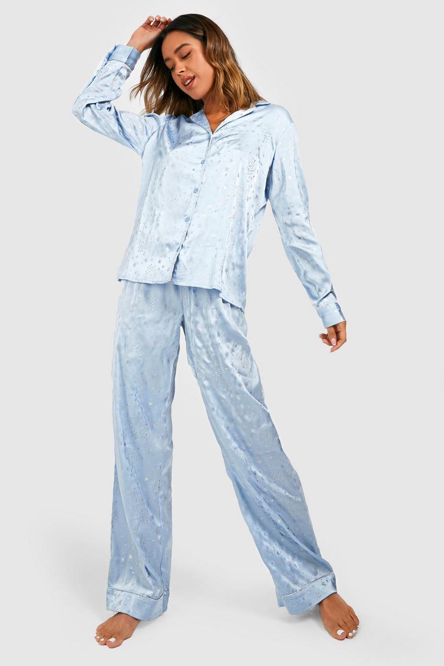 Blue blau Star Foil Print Pyjama Trouser Set image number 1