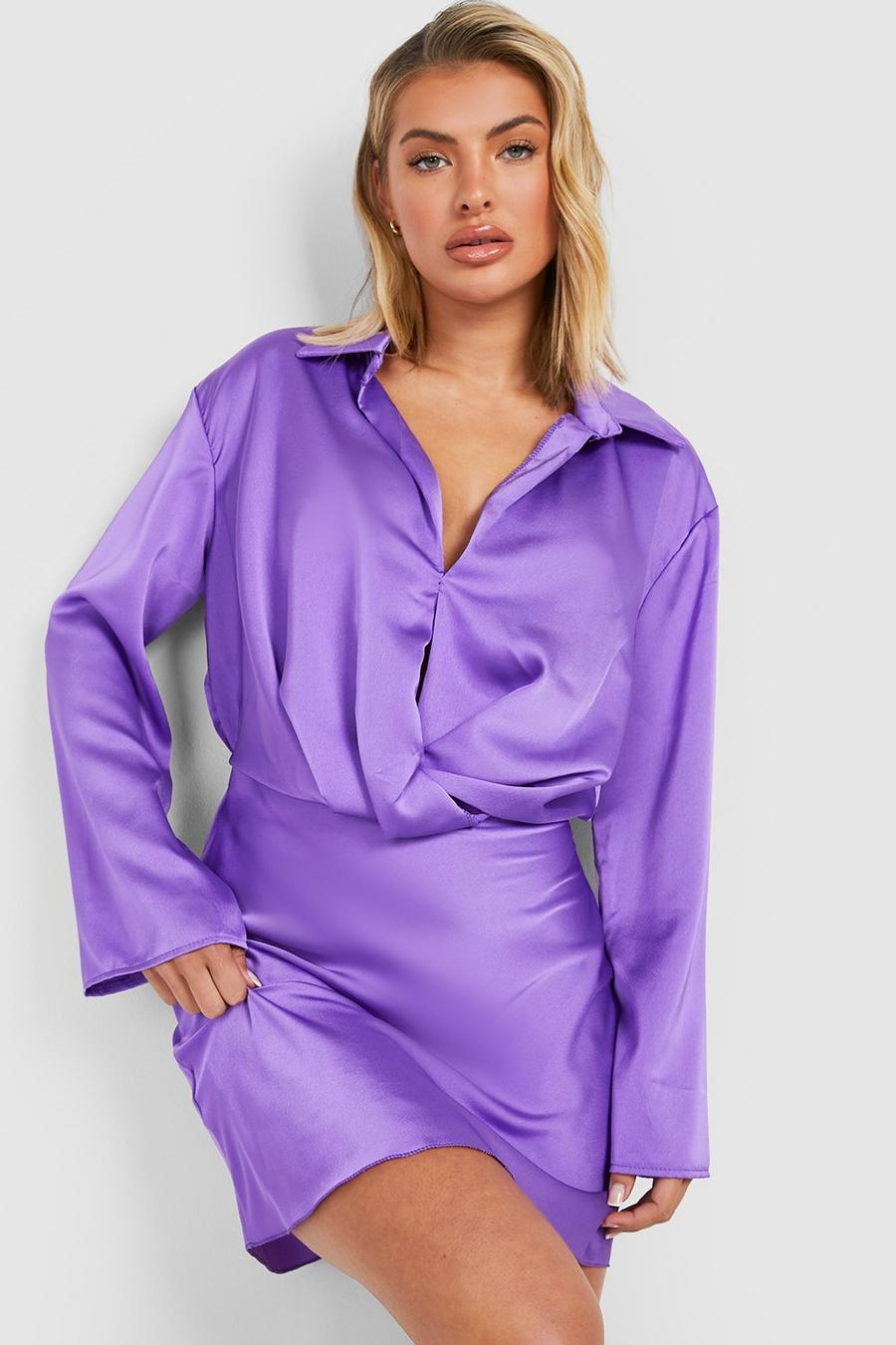 Purple Satin Drape Front Shirt & Mini Skirt  image number 1