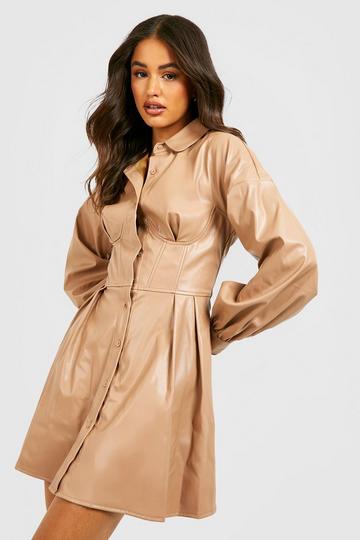 Faux Leather Corset Shirt Dress sand