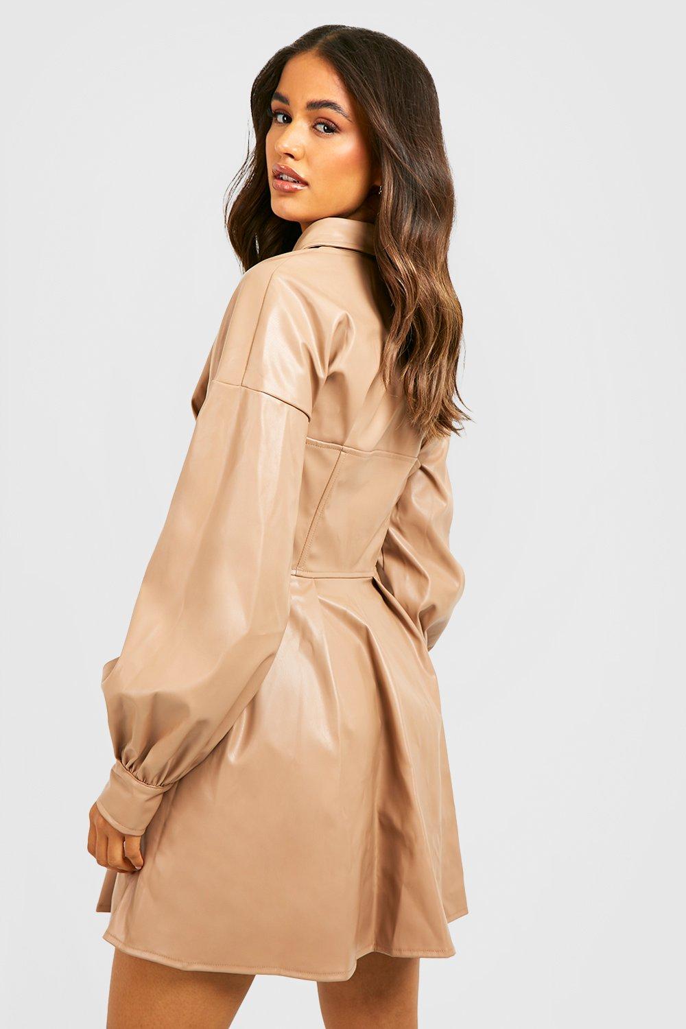 Faux Leather Tie Waist Shirt Dress, SOSANDAR