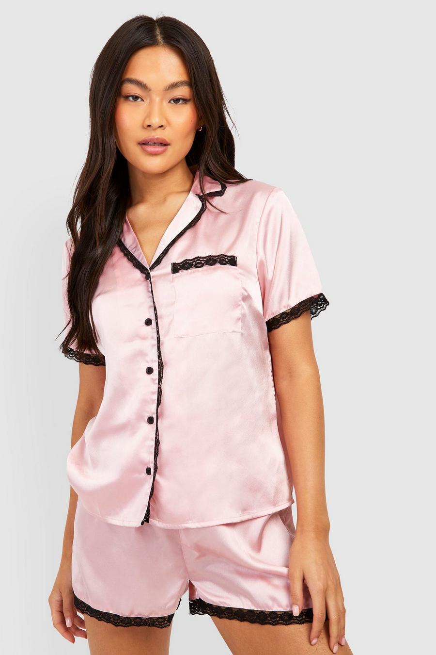 Blush pink Lace Trim Satin Pajama Shirt & Short Set image number 1