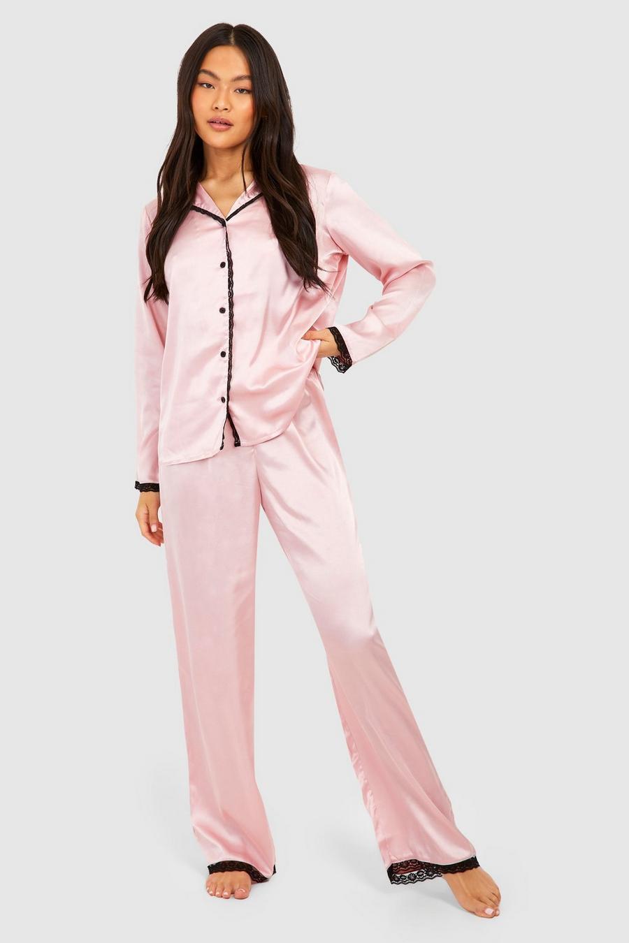Blush rosa Satijnen Pyjama Blouse Met Kanten Zoom En Broek Set