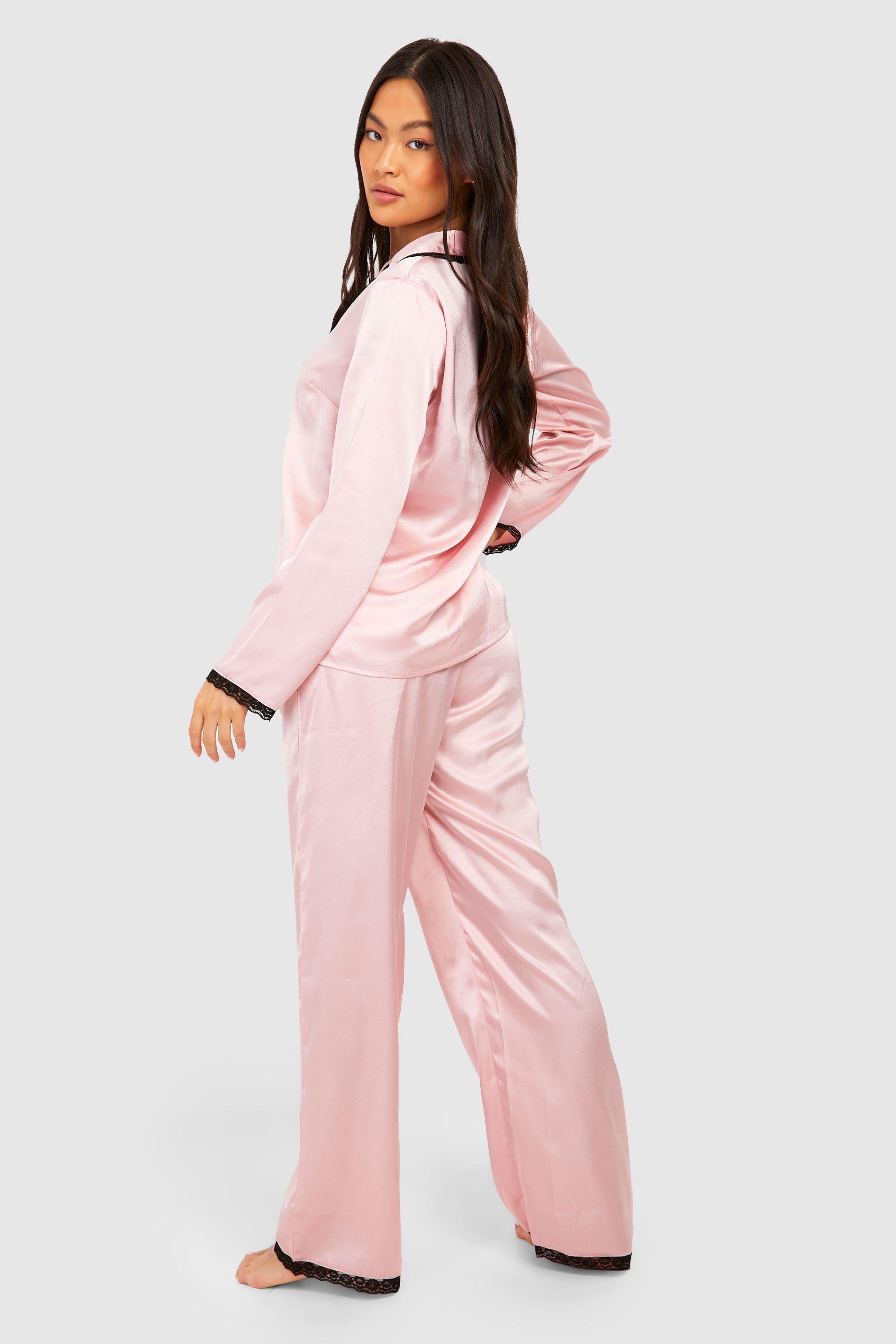 Women s Lace Trim Satin Pyjama Shirt Trouser Set Boohoo UK