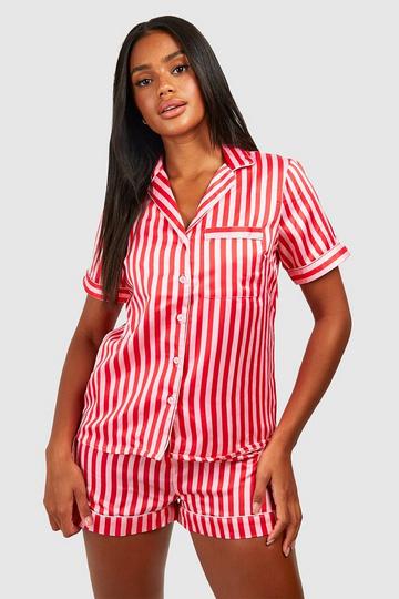 Candy Stripe Satin Pajama Shirt & Short Set pink