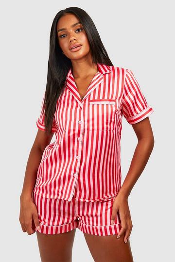 Christmas Candy Stripe Satin Pyjama Shirt & Short Set pink