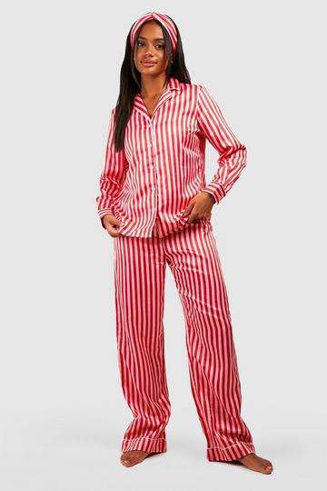 Candy Stripe Satin 3Pc Pajama Set & Headband pink