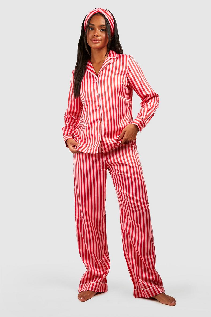 3-teiliges Satin Pyjama-Set mit Candy Streifen & Haarband, Pink