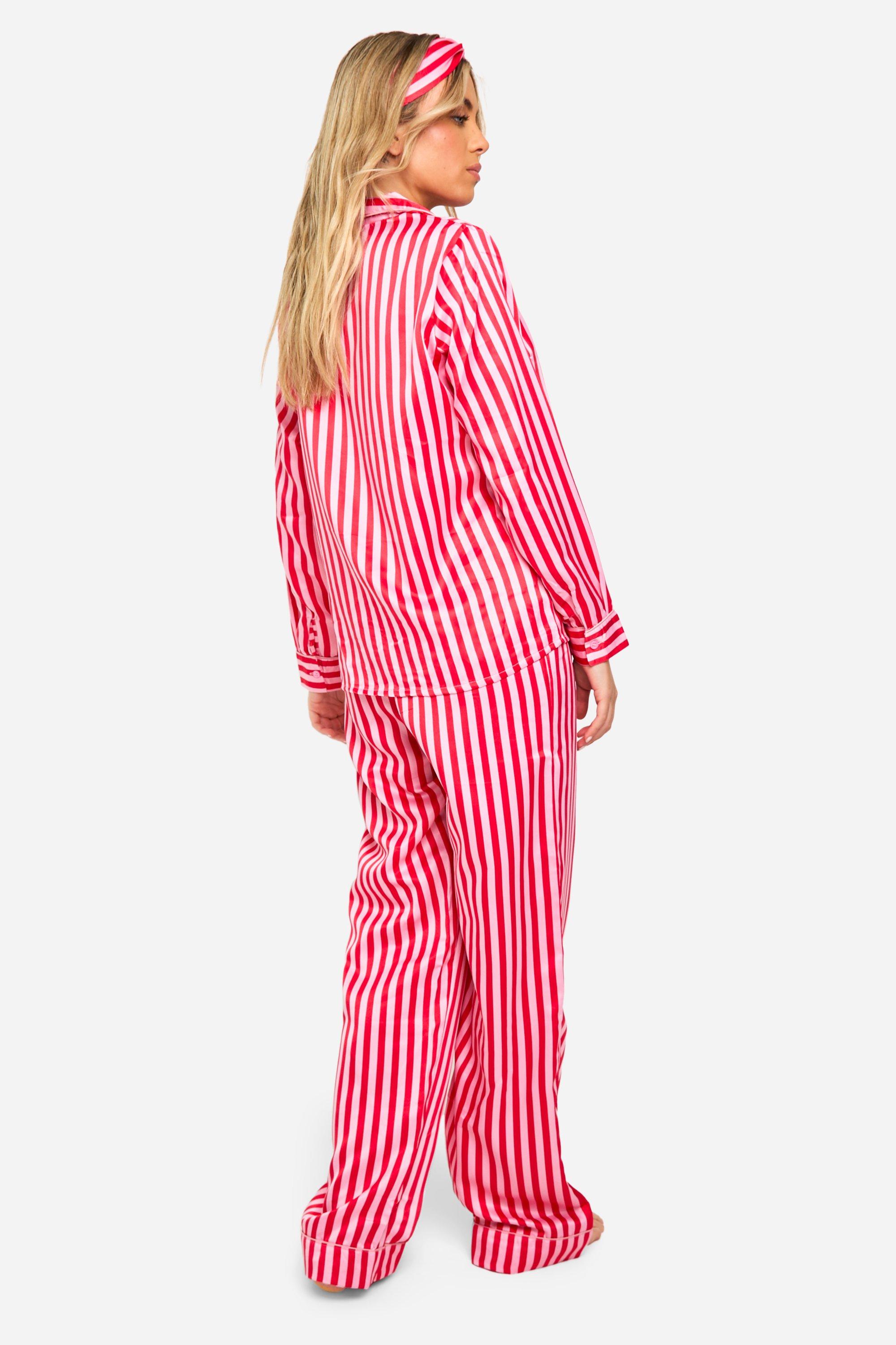 Candy Stripe Satin 3Pc Pajama Set & Headband