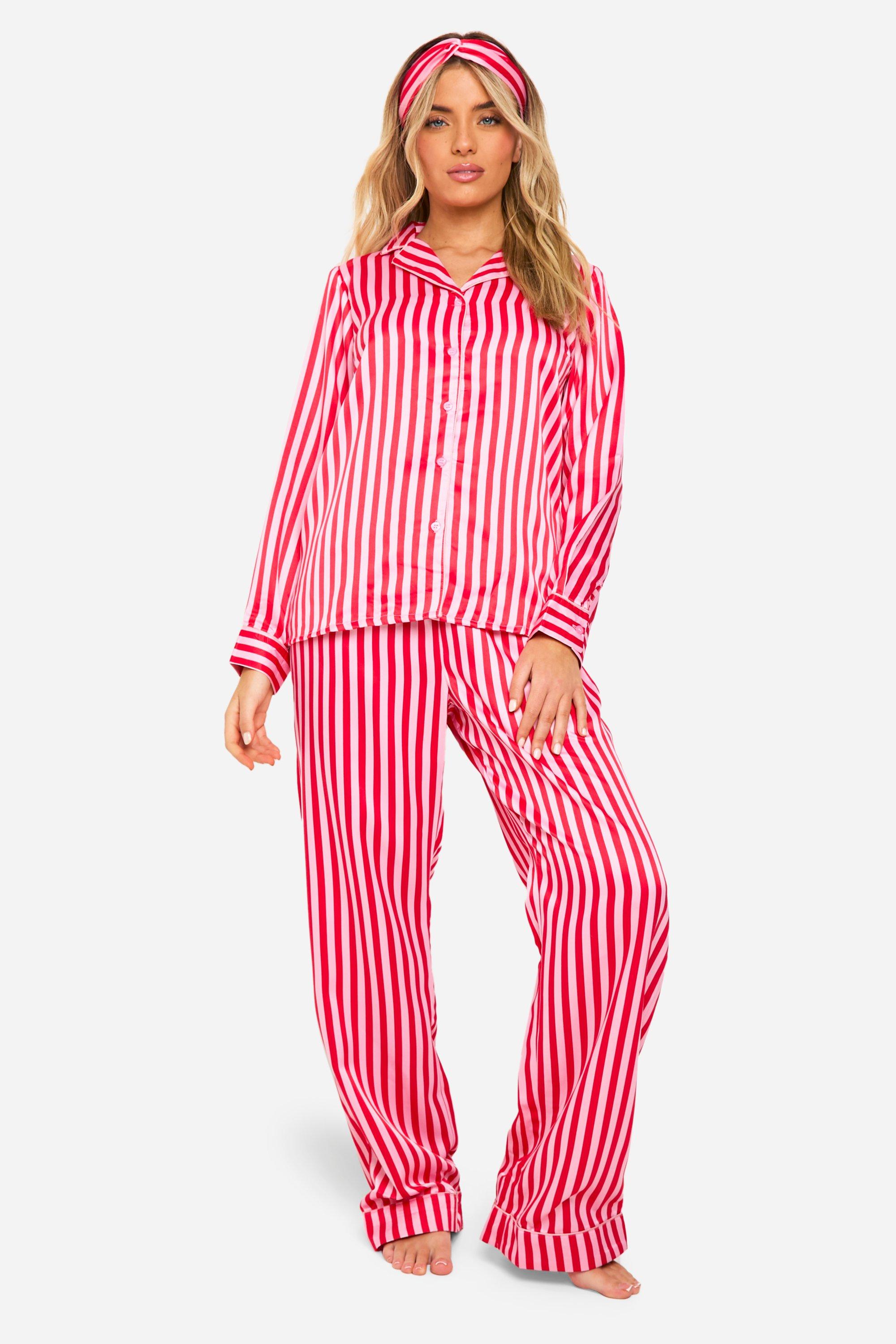 Candy Stripe Satin 3Pc Pajama Set & Headband