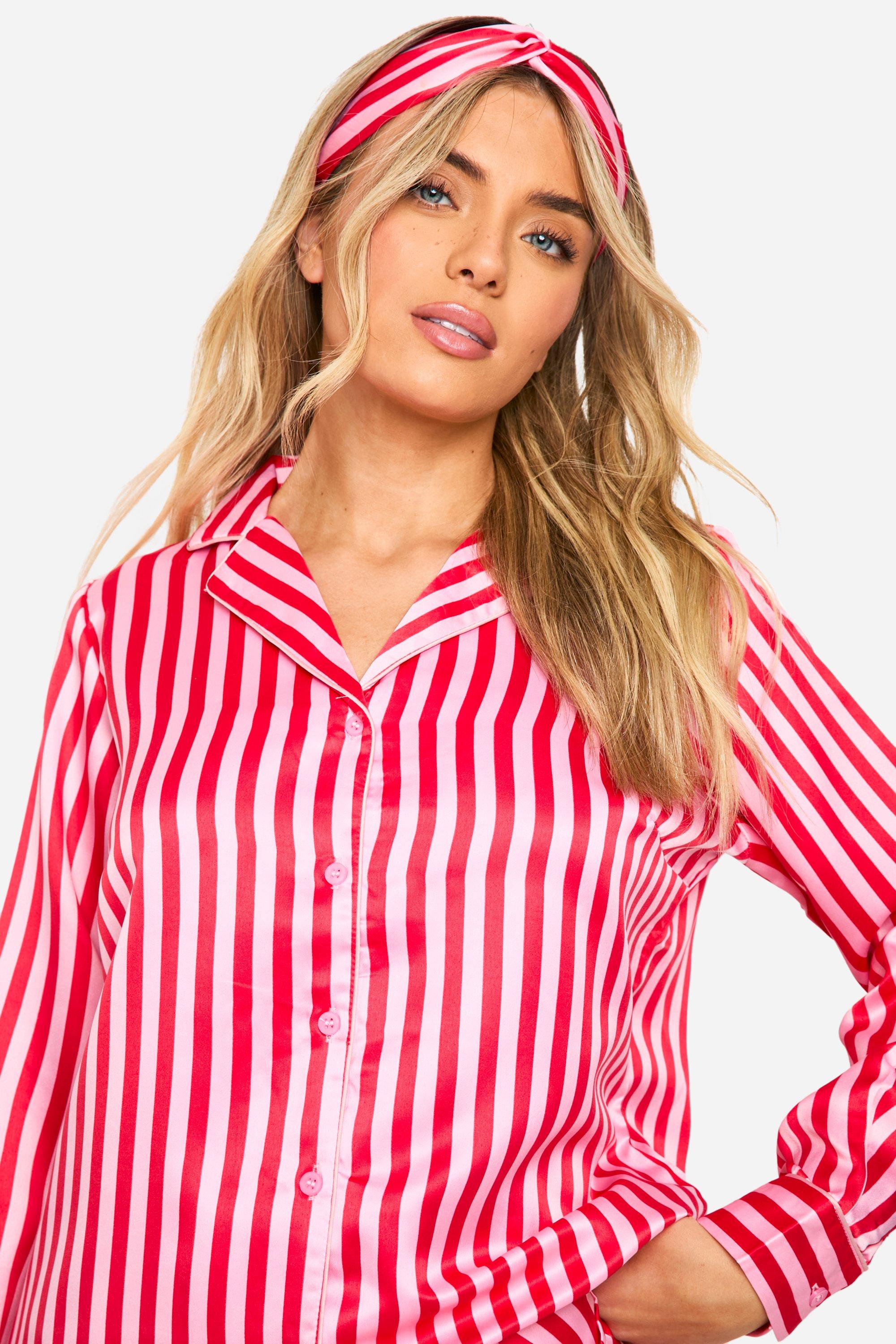 Candy Stripe Satin 3Pc Pajama Set Headband boohoo