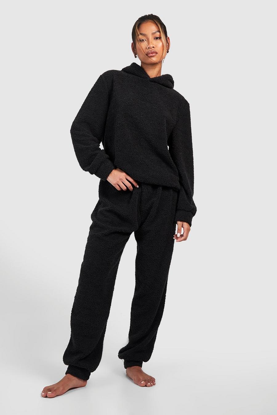 Black Hers Matching Teddy Loungewear Hoodie And Jogger Set image number 1